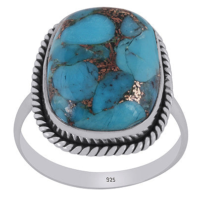 Beautiful Textured Wire Around Blue Copper Turquoise Rectangle Shape 925 Sterling Solid Silver Rings - R3400568-176
