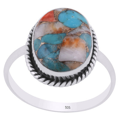 Beautiful Textured Wire Around Oyster Copper Turquoise Oval Shape 925 Sterling Solid Silver Ring - R3400568-178
