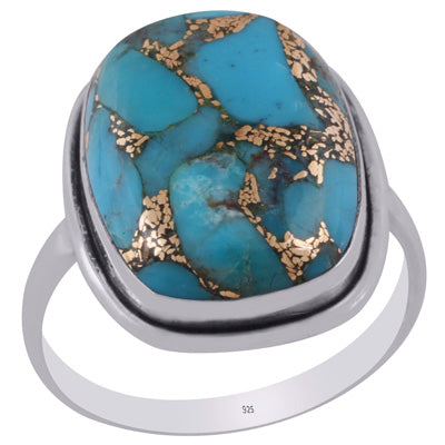 Beautiful Plain Blue Copper Turquoise Rectangle Shape 925 Sterling Solid Silver Ring - R3400571-233