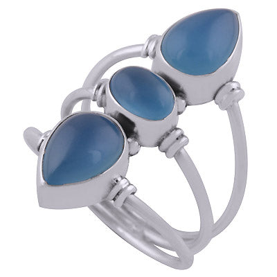 Three Band Rawa Design Blue Chalcedony Oval & Pear Shape 925 Sterling Solid Silver Ring - R3400655-353