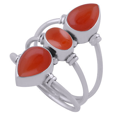 Three Band Rawa Design Carnelian Oval & Pear Shape 925 Sterling Solid Silver Ring - R3400655-355