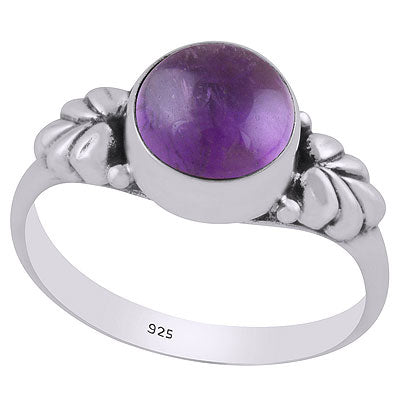 Stunning Textured Leaf Around Amethyst Round Shape 925 Sterling Solid Silver Ring - R3400682-1