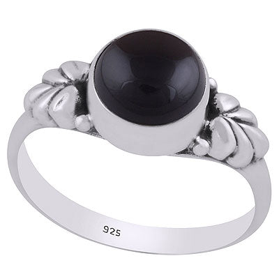 Stunning Textured Leaf Around Black Onyx Round Shape 925 Sterling Solid Silver Ring - R3400682-14