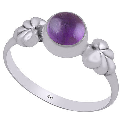 Stunning Textured Leaf Around Amethyst Round Shape 925 Sterling Solid Silver Ring - R3400682-51
