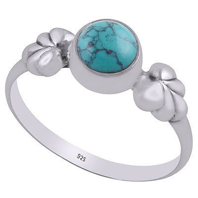 Stunning Textured Leaf Around Turquoise Round Shape 925 Sterling Solid Silver Ring - R3400682-53