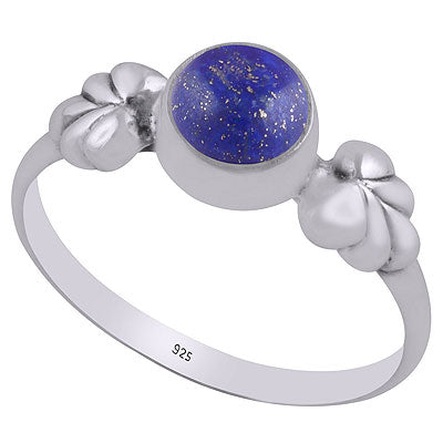 Stunning Textured Leaf Around Lapis Round Shape 925 Sterling Solid Silver Ring - R3400682-56