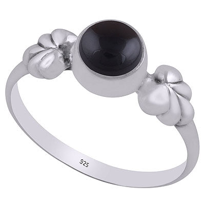 Stunning Textured Leaf Around Black Onyx Round Shape 925 Sterling Solid Silver Ring - R3400682-63