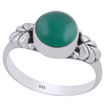 Stunning Textured Leaf Around Green Onyx Round Shape 925 Sterling Solid Silver Ring - R3400682-8