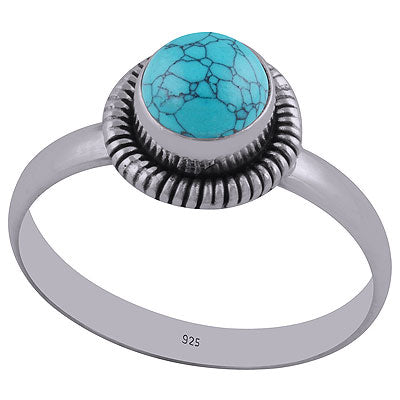 Textured Wire Work Around Turquoise Round Shape 925 Sterling Solid Silver Ring - R3400690-3