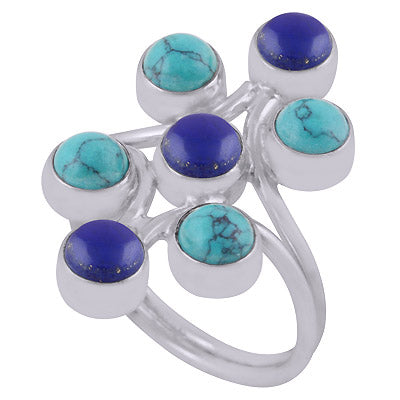 Stunning Multiple Gemstones Around Turquoise,Lapis Round Shape 925 Sterling Solid Silver Ring - R3400816-93