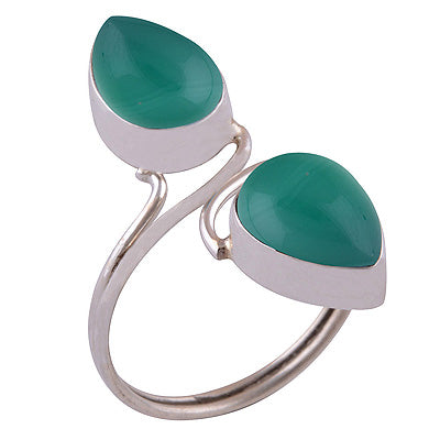 Gorgeous Two Stone Green Onyx Pear Shape 925 Sterling Solid Silver Ring - R3400826-390
