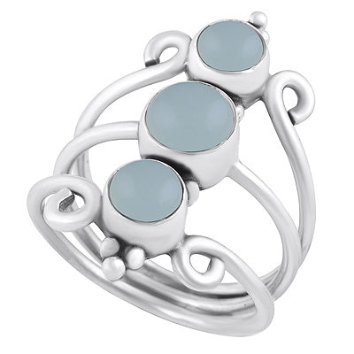 Three Band Rawa Design Aqua Chalcedony Round Shape 925 Sterling Solid Silver Ring - R3400909-352