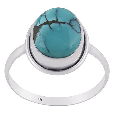 Stunning Plain Wire Natural Turquoise Oval Shape 925 Sterling Solid Silver Rings - R3400937-5