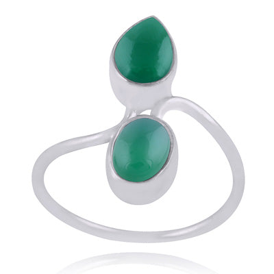 Alluring Two Stone Green Onyx Oval,Pear Shape 925 Sterling Solid Silver Ring - R3400951-152