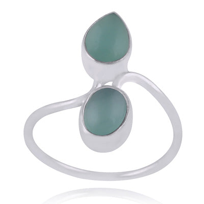 Alluring Two Stone Aqua Chalcedony Oval,Pear Shape 925 Sterling Solid Silver Ring - R3400951-276