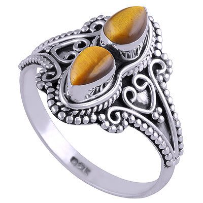 Authentic Handwork Two Stone Tiger's Eye Pear Shape 925 Sterling Solid Silver Ring - R3401222-30