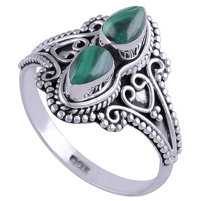 Authentic Handwork Two Stone Malachite Pear Shape 925 Sterling Solid Silver Ring - R3401222-56
