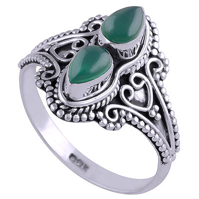 Authentic Handwork Two Stone Green Onyx Pear Shape 925 Sterling Solid Silver Ring - R3401222-85