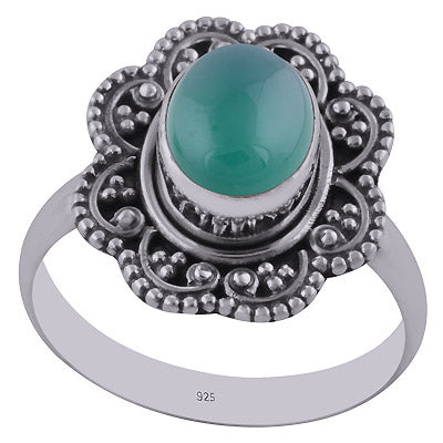Stunning Handwork Around Green Onyx Oval Shape 925 Sterling Solid Silver Ring - R3401237-46