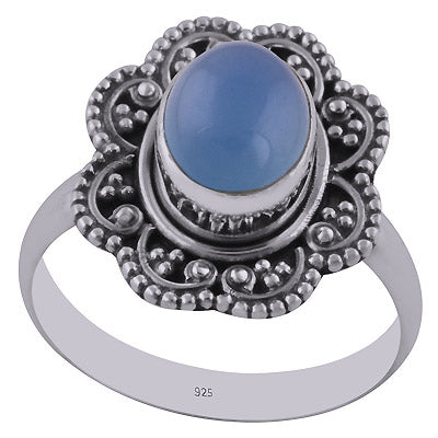 Stunning Handwork Around Blue Chalcedony Oval Shape 925 Sterling Solid Silver Ring - R3401237-47