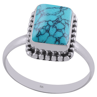 Beautiful Rawa Work Around Turquoise Rectangle Shape 925 Sterling Solid Silver Ring - R3401288-72
