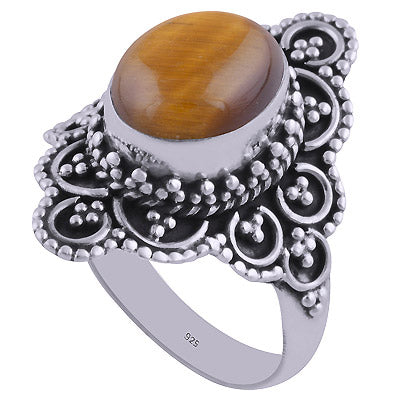 Authentic Fine Handwork Around Tiger's Eye Oval Shape 925 Sterling Solid Silver Ring - R3401314-29