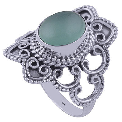 Alluring Rawa Work PatternAround Aqua Chalcedony Oval Shape 925 Sterling Solid Silver Ring - R3401317-32