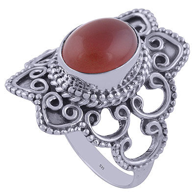 Alluring Rawa Work PatternAround Carnelian Oval Shape 925 Sterling Solid Silver Ring - R3401317-88