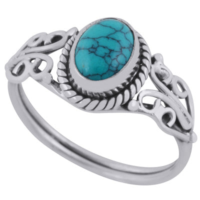 Beautiful Handcrafted Work Around Turquoise Oval Shape 925 Sterling Solid Silver Ring - R3401351-102