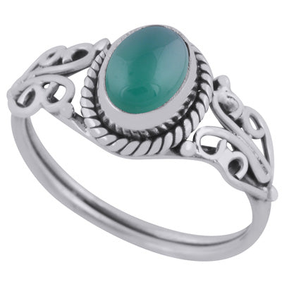 Beautiful Handcrafted Work Around Green Onyx Oval Shape 925 Sterling Solid Silver Ring - R3401351-107