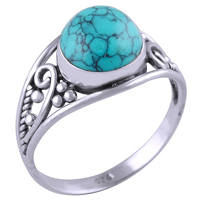 Stunning Work & Rawa Work Around Turquoise Round Shape 925 Sterling Solid Silver Ring - R3401425-6