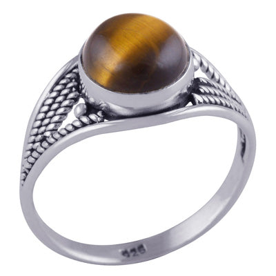 Stunning Textured Wire Work Around Tiger's Eye Round Shape 925 Sterling Solid Silver Ring - R3401428-22