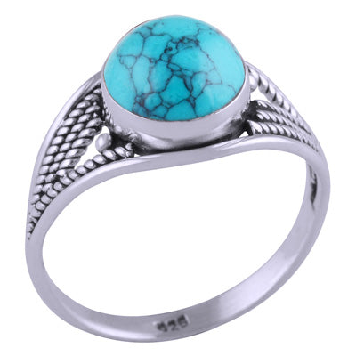 Stunning Textured Wire Work Around Turquoise Round Shape 925 Sterling Solid Silver Ring - R3401428-7