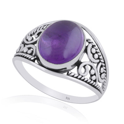 Gorgeous Hand Work on Shank Amethyst Oval Shape 925 Sterling Solid Silver Ring - R3401443-1