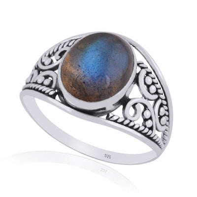 Gorgeous Hand Work on Shank Labradorite Oval Shape 925 Sterling Solid Silver Ring - R3401443-17