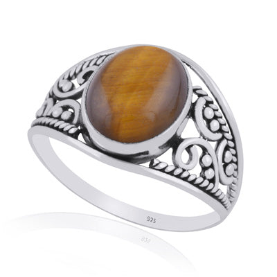 Gorgeous Hand Work on Shank Tiger's Eye Oval Shape 925 Sterling Solid Silver Ring - R3401443-22