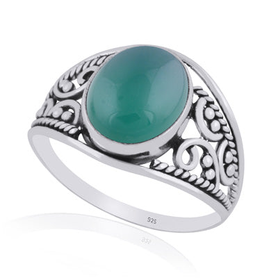 Gorgeous Hand Work on Shank Green Onyx Oval Shape 925 Sterling Solid Silver Ring - R3401443-32