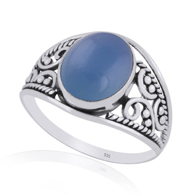 Gorgeous Hand Work on Shank Blue Chalcedony Oval Shape 925 Sterling Solid Silver Ring - R3401443-33