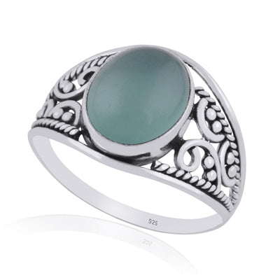 Gorgeous Hand Work on Shank Aqua Chalcedony Oval Shape 925 Sterling Solid Silver Ring - R3401443-34
