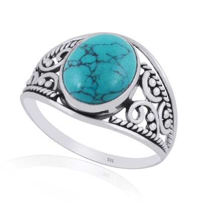 Gorgeous Hand Work on Shank Turquoise Oval Shape 925 Sterling Solid Silver Ring - R3401443-8