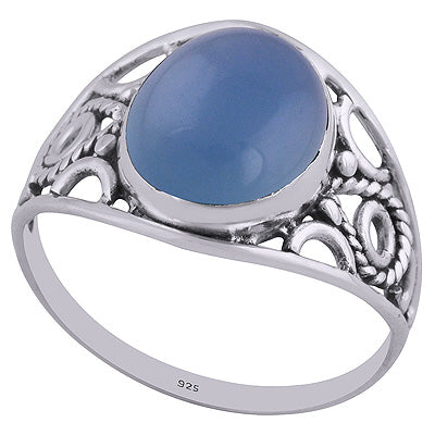 Beautiful Hand Work on Shank Blue Chalcedony Oval Shape 925 Sterling Solid Silver Ring - R3401444-154
