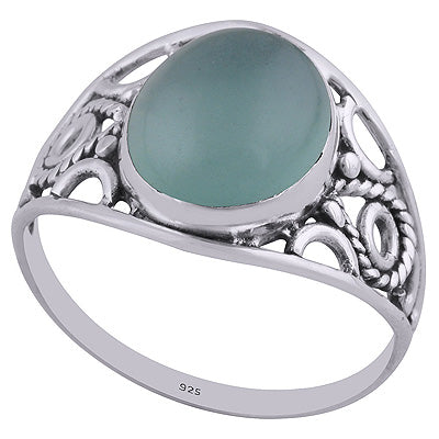Beautiful Hand Work on Shank Aqua Chalcedony Oval Shape 925 Sterling Solid Silver Ring - R3401444-155