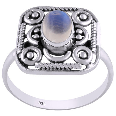 Beautiful Handcrafted Work Around Rainbow Moonstone Oval Shape 925 Sterling Solid Silver Ring - R3401450-14
