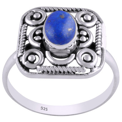 Beautiful Handcrafted Work Around Lapis Oval Shape 925 Sterling Solid Silver Ring - R3401450-20