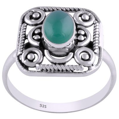 Beautiful Handcrafted Work Around Green Onyx Oval Shape 925 Sterling Solid Silver Ring - R3401450-88
