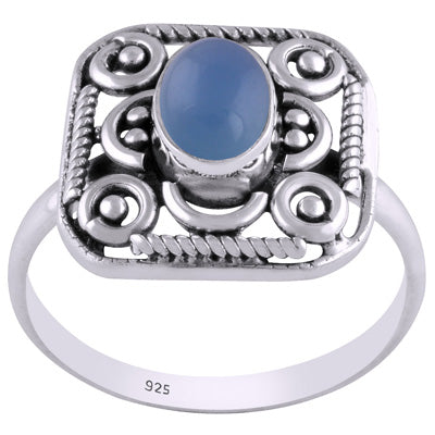 Beautiful Handcrafted Work Around Blue Chalcedony Oval Shape 925 Sterling Solid Silver Ring - R3401450-89