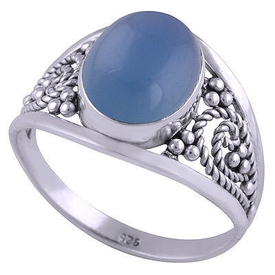 Stunning Wire & Rawa Work Blue Chalcedony Oval Shape 925 Sterling Solid Silver Ring - R3401455-33