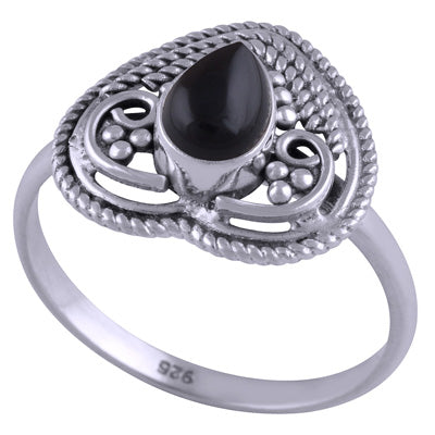 Gorgeous Rawa & Wire Work Black Onyx Pear Shape 925 Sterling Solid Silver Ring - R3401457-19