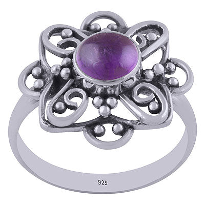 Alluring Handcrafted Flower Work Around Amethyst Round Shape 925 Sterling Solid Silver Ring - R3401458-26