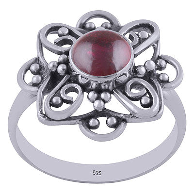 Alluring Handcrafted Flower Work Around Garnet Round Shape 925 Sterling Solid Silver Ring - R3401458-31